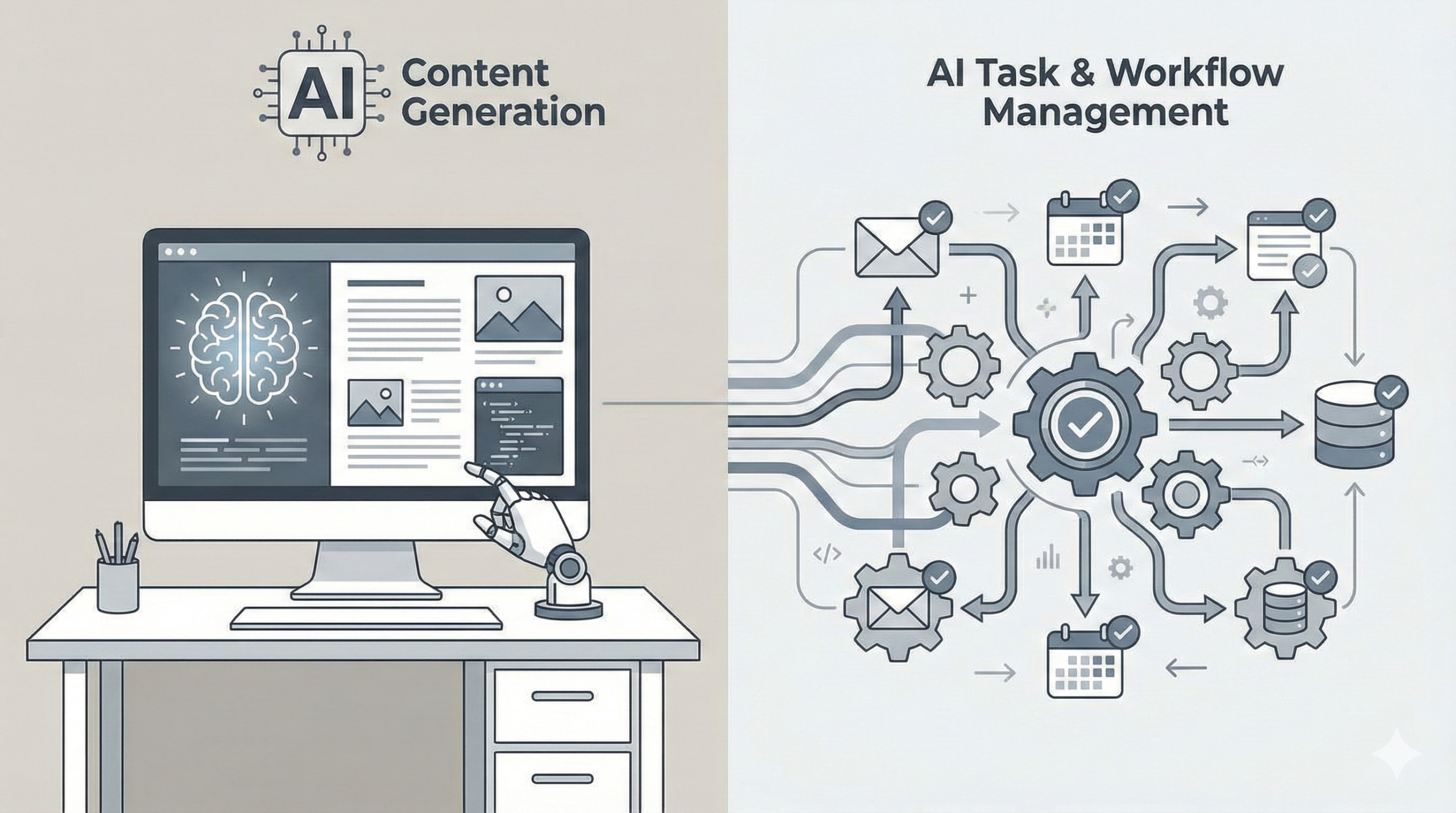 Visual comparison of generative AI creating content and agentic AI managing tasks.